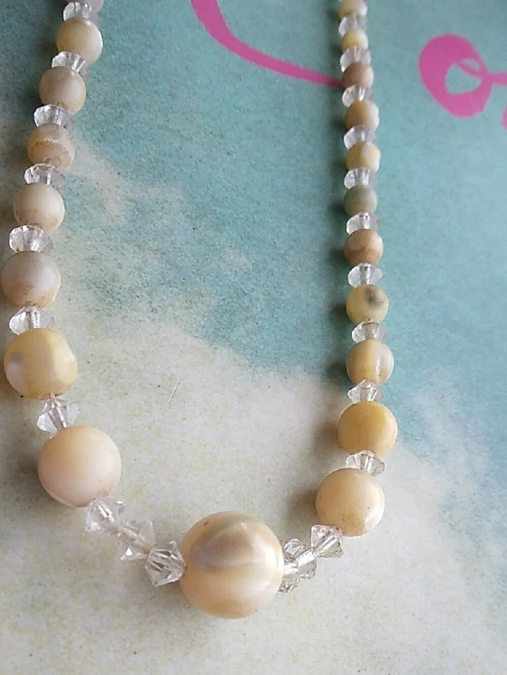 Vintage MCM Cream Lucite and Clear Crystal Beaded Necklace